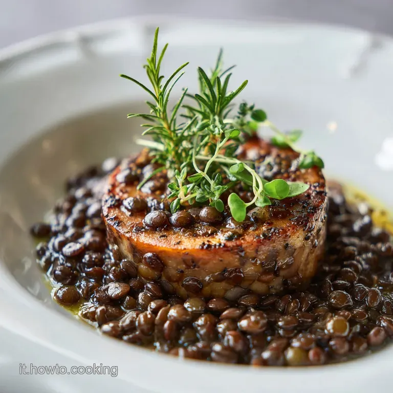 Elegant plate featuring a vibrant lentil base, topped with sliced cotechino, garnished with fresh parsley, creating a fest...