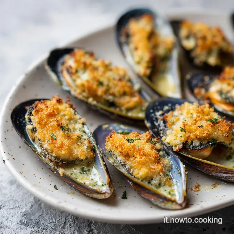 Six plump, golden-brown mussels, baked to perfection, sit artfully on a white plate, sprinkled with parsley. Ready to be d...