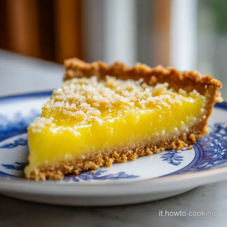Slice of lemon crostata on a white plate, lemon wedge accent, hints of flaky pastry. Bright, tangy, and satisfying.