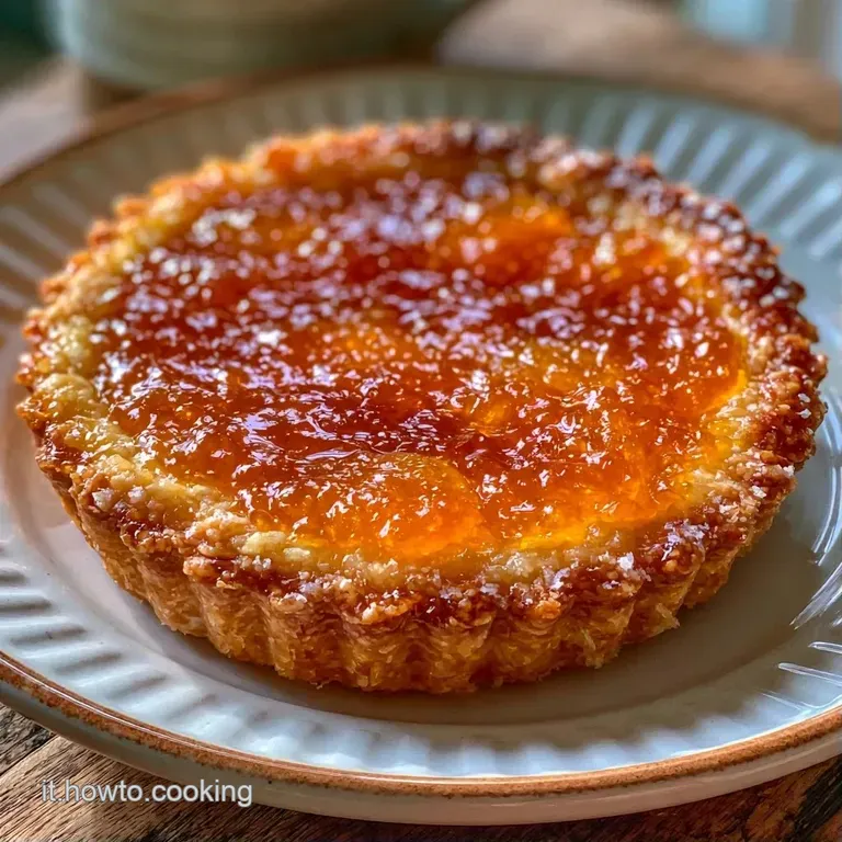 Fetta di crostata dorata su piatto bianco, decorata con zucchero a velo e una fogliolina di menta verde brillante.