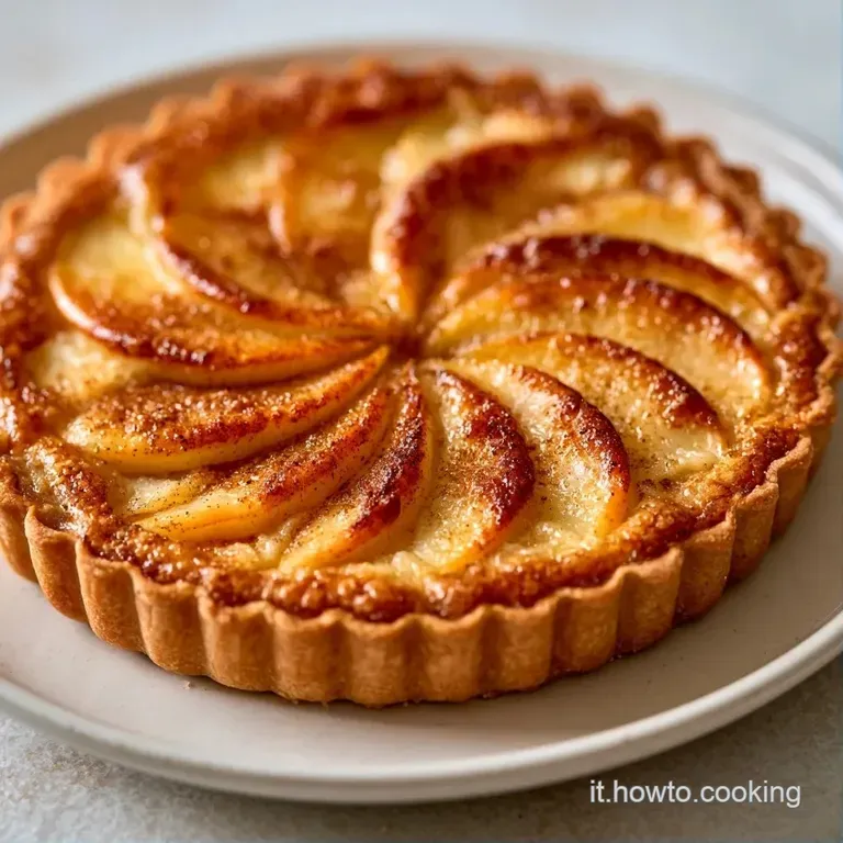 Fetta di torta rustica su piatto bianco, con mele morbide e lucide e una base di frolla friabile e ben cotta.
