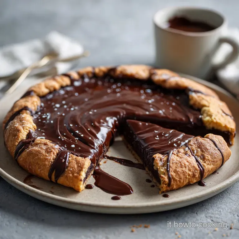 Slice of moist chocolate crostata on a white plate, dusted with cocoa. Berry garnish and drizzle of chocolate.