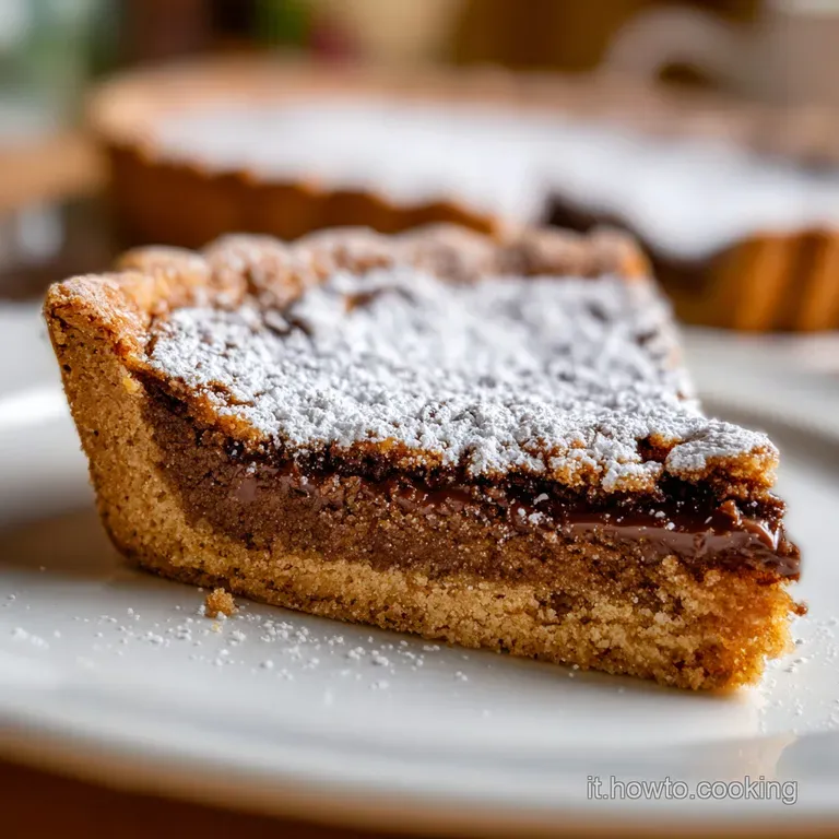 Slice of Nutella crostata on a white plate. The flaky crust is lightly dusted with powdered sugar, beside a cup of coffee.