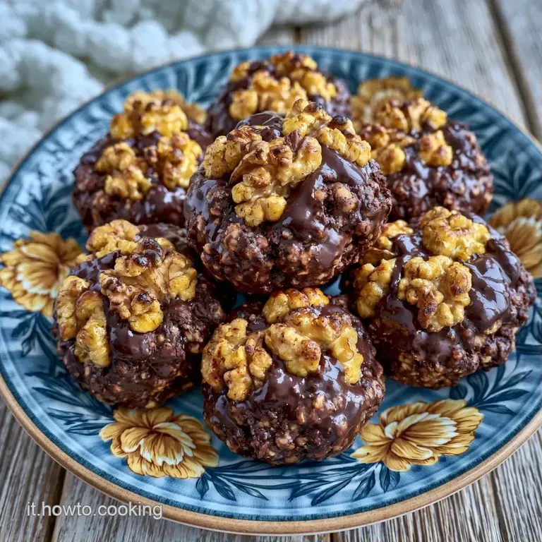 Piccoli dolci scuri disposti con cura su un piatto bianco, decorati con gherigli di noce croccanti e polvere di cacao.