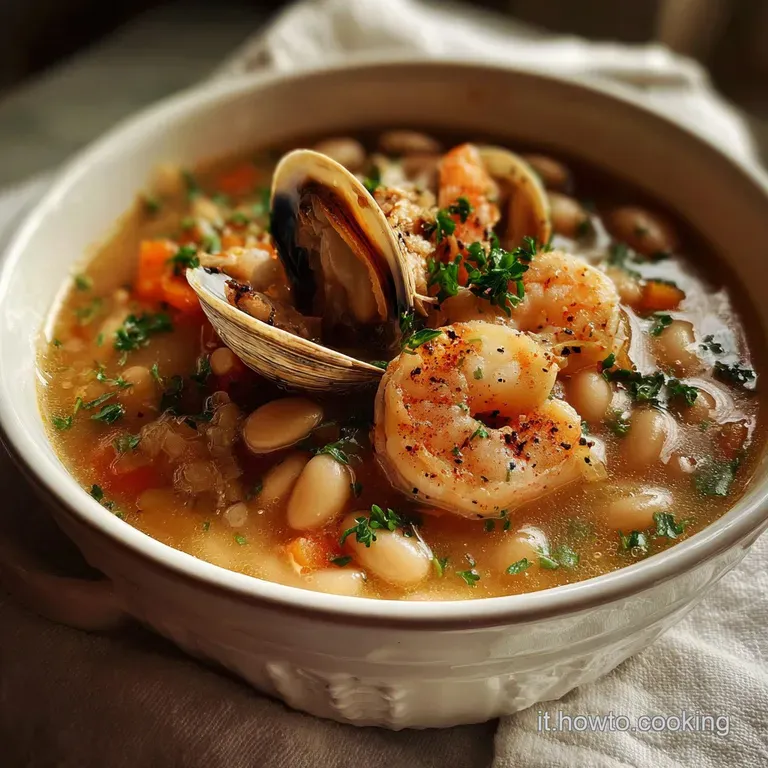 Elegant bowl of white bean stew with shrimp and clams, vibrant green herbs, and a drizzle of golden olive oil.