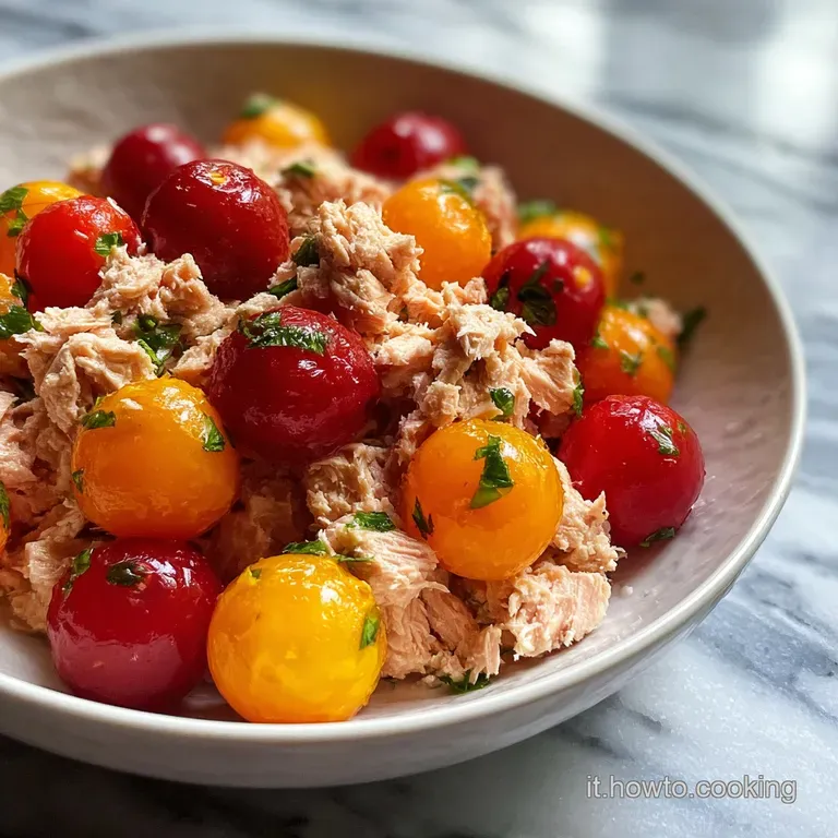Elegant arrangement of plump, filled tomatoes on a bed of crisp lettuce; creamy tuna visible, hinting at a cool, refreshin...