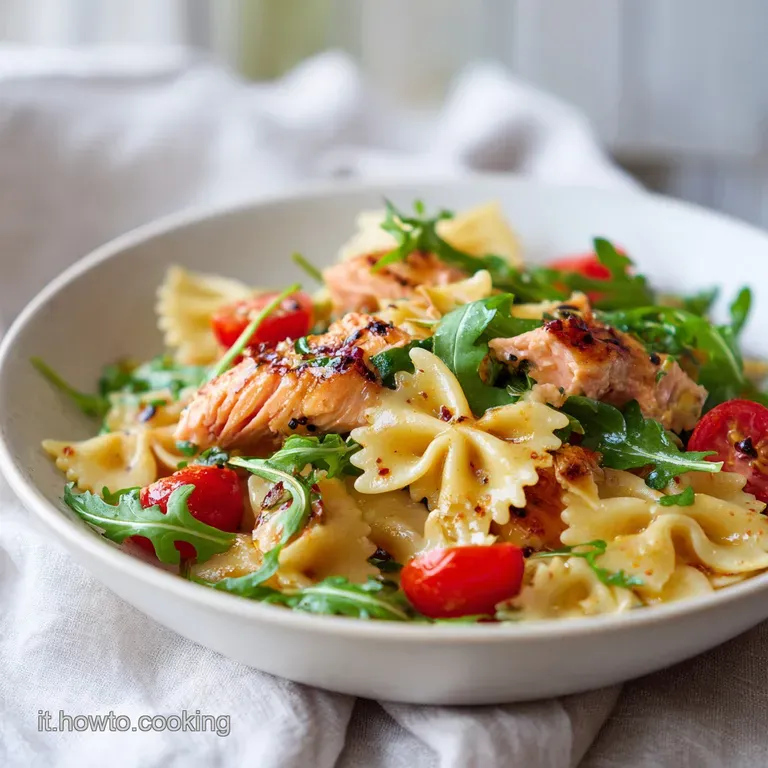 Elegant plate of farfalle with tender salmon and arugula. Creamy sauce glistens, topped with a sprinkle of herbs for a re...