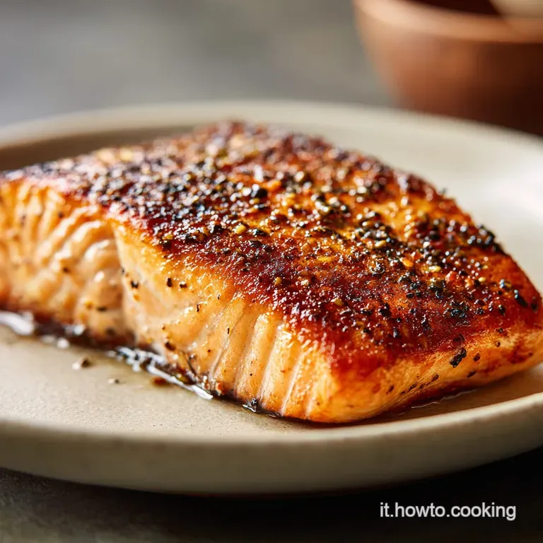 Perfectly seared salmon on a white plate, skin up. Garnished with fresh herbs and lemon; light reflects off the flaky fish.