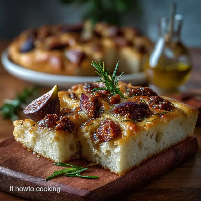 Golden, bubbly focaccia topped with caramelized figs, drizzled with olive oil, on a rustic wooden board.