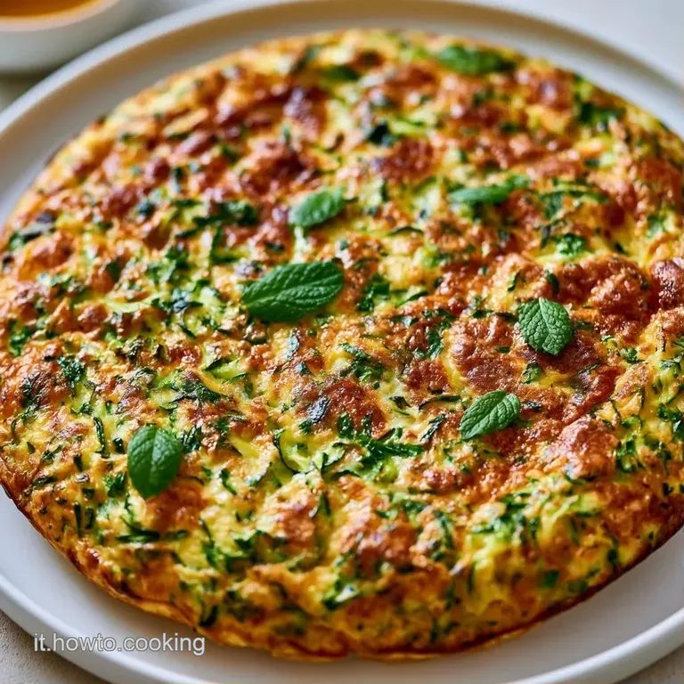 Una fetta di frittata soffice e gialla adagiata su ceramica chiara, decorata con erbe fresche e un filo d'olio lucido.