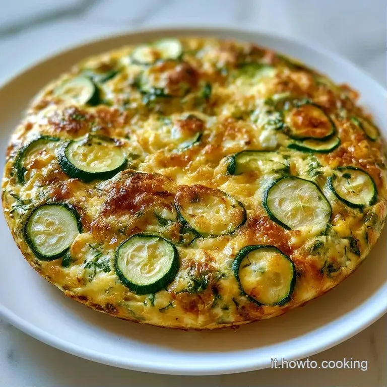Una fetta di frittata soffice su un piatto bianco, con zucchine tenere e bordi leggermente croccanti e dorati.