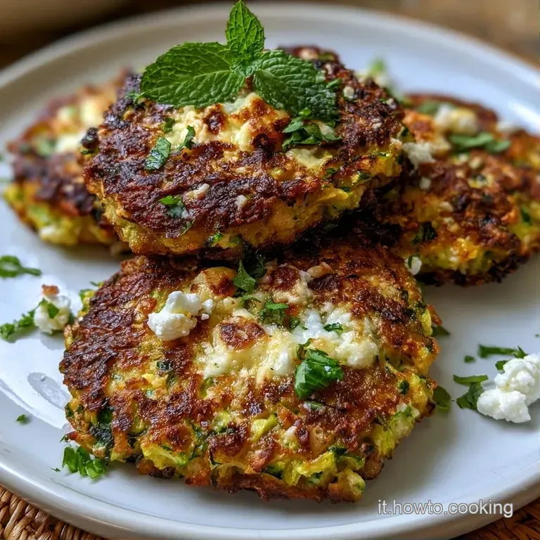 Zucchine verdi brillante disposte con cura, punteggiate da feta bianca sbriciolata e un tocco di erbe aromatiche fresche.