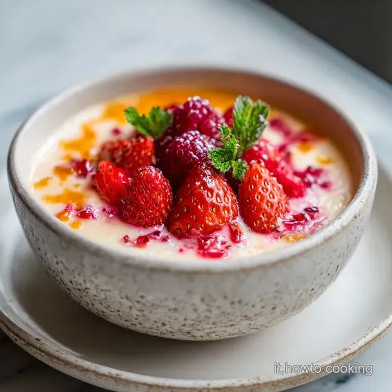 Elegant fruit smoothie served in tall glasses, garnished with fresh berries and mint. A vibrant and refreshing dessert.