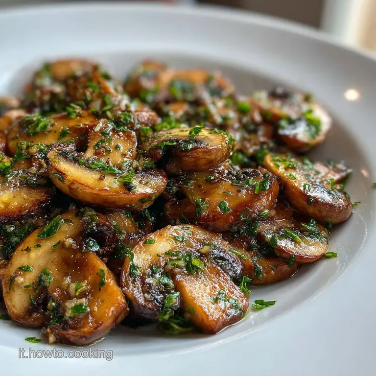 Elegantly plated mushrooms with vibrant parsley, drizzled with oil. Rustic charm meets culinary sophistication on white po...