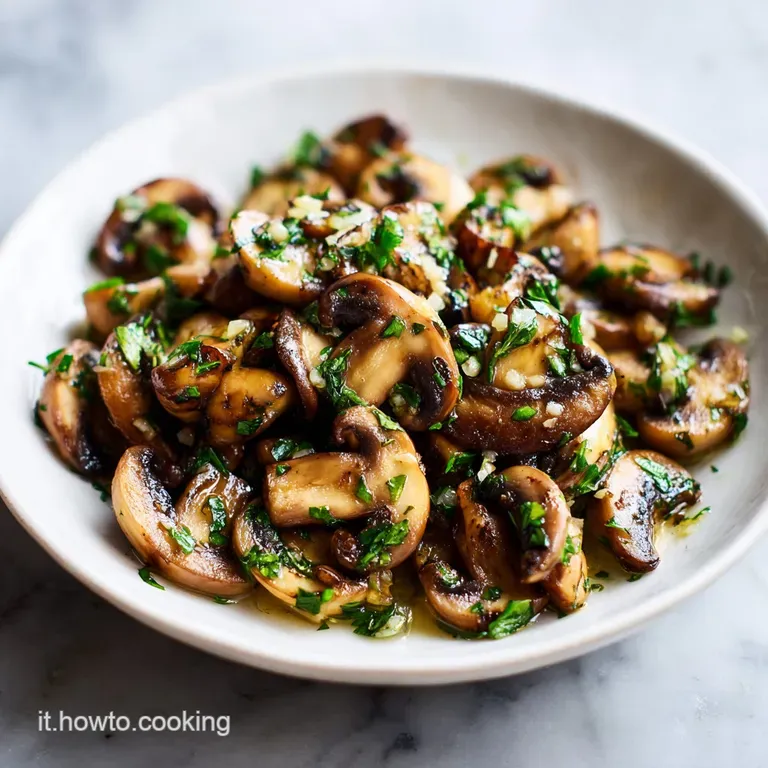 Elegant plate featuring vibrant, pan-fried mushrooms glistening with oil and herbs, a sprinkle of parsley adds freshness, ...