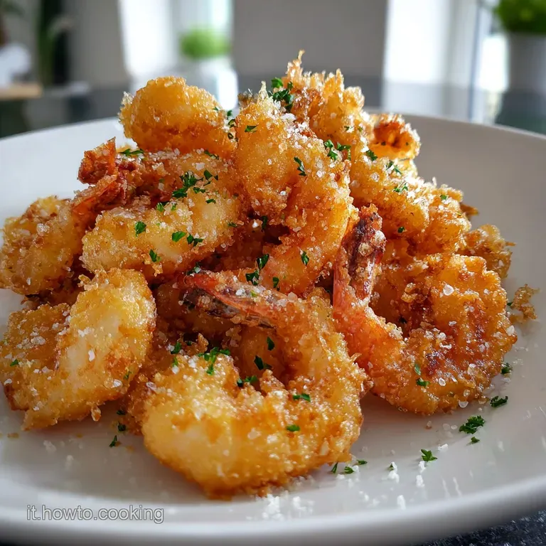 Crispy, light tempura prawns artfully stacked on a plate, hints of salt, ready to serve. A burst of green from herb garnish.