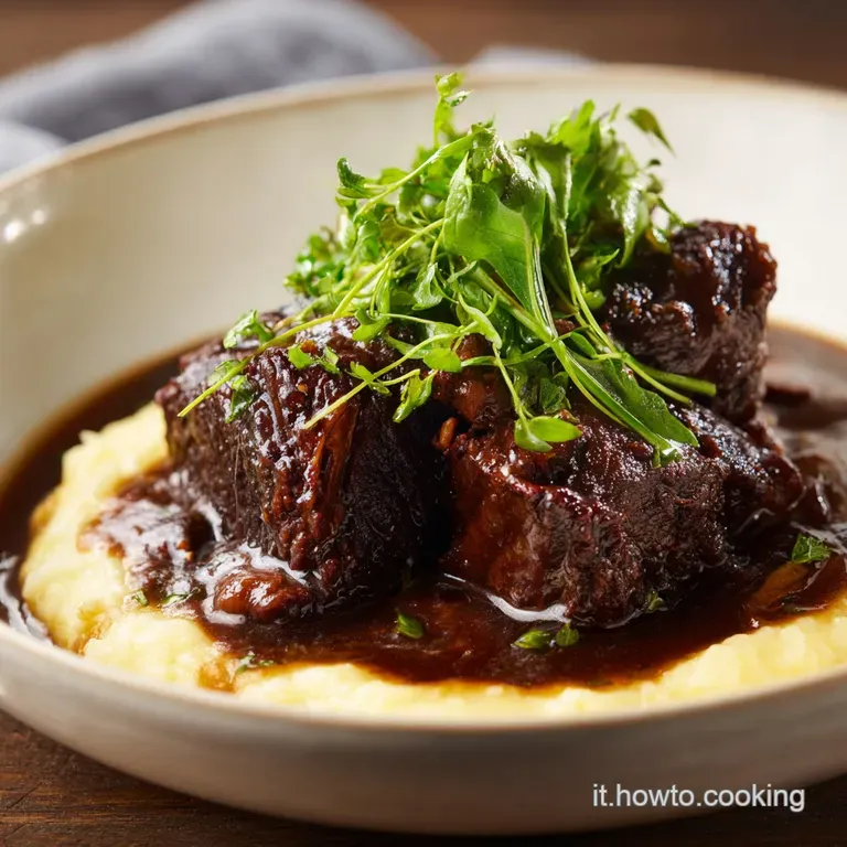 A single, succulent braised beef shank atop creamy polenta, garnished with fresh herbs, elegantly plated, hinting at melt-...