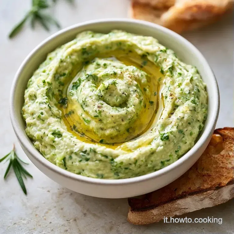 Spesse spirali di mousse verde pallido guarnite con erbe fresche e bastoncini di verdure croccanti su un piatto ceramica.
