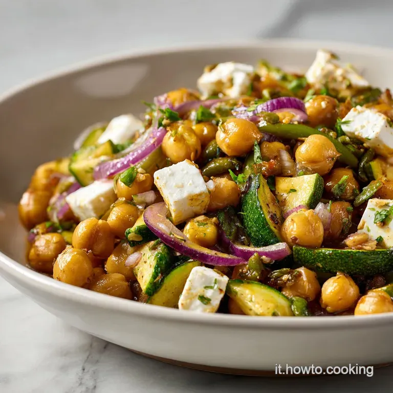 Presentazione raffinata di ceci tondi, zucchine verdi tenere e feta candida, guarnita con un filo d'olio dorato.