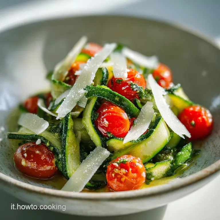 Elegantly curled green zucchini ribbons topped with toasted pine nuts and golden olive oil on a dark slate platter.