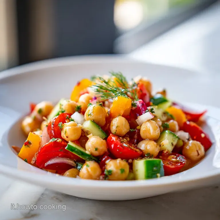 An artfully arranged chickpea salad with crumbled feta, fresh mint, and a drizzle of lemon.