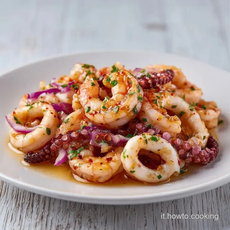 Composizione elegante di frutti di mare lucidi d'olio, guarniti con fette di limone giallo e foglie di prezzemolo fresco.