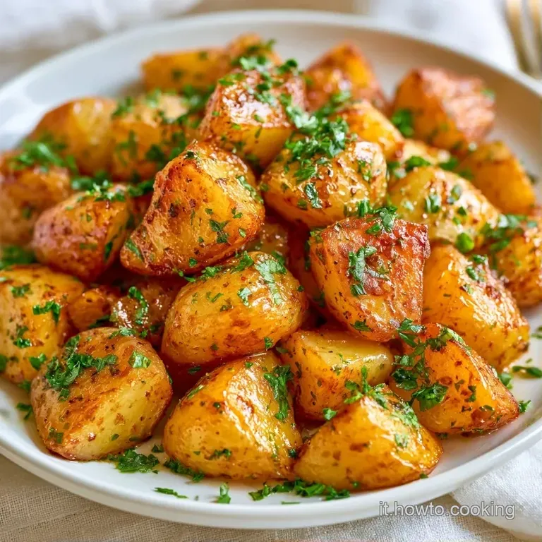 Patate tenere disposte con cura su un piatto ceramica, decorate con foglie di prezzemolo verde e un filo d'olio lucido.