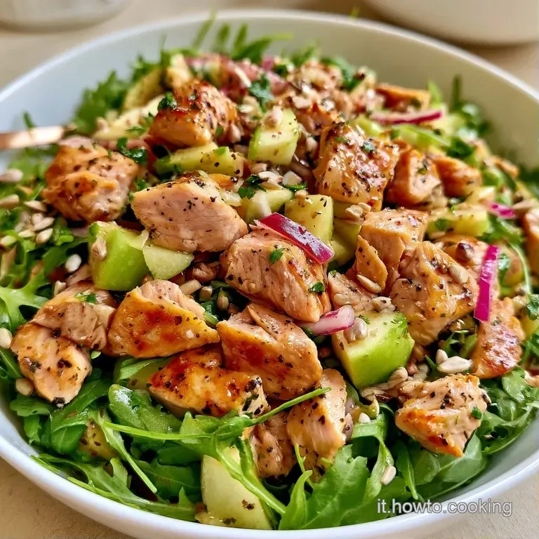 Composizione curata di pollo grigliato su letto di insalata fresca, guarnita con semi e un filo d'olio che brilla.