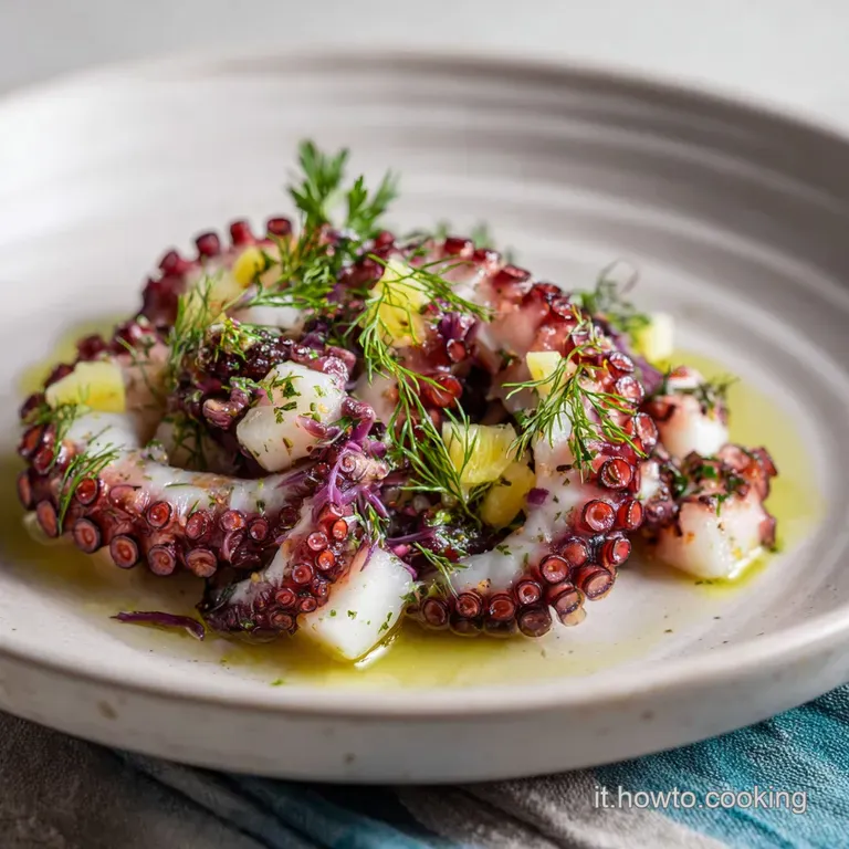 Artfully plated octopus salad. Shiny, tender octopus contrasts with bright peppers, onions, and herbs, drizzled with olive...
