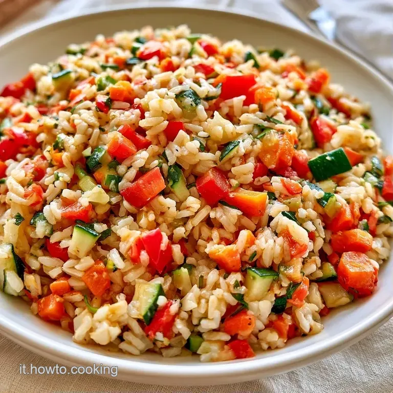 Piatto di ceramica con riso sgranato, pezzetti colorati di verdure estive e un filo d'olio lucido, guarnito con erbe fresche.