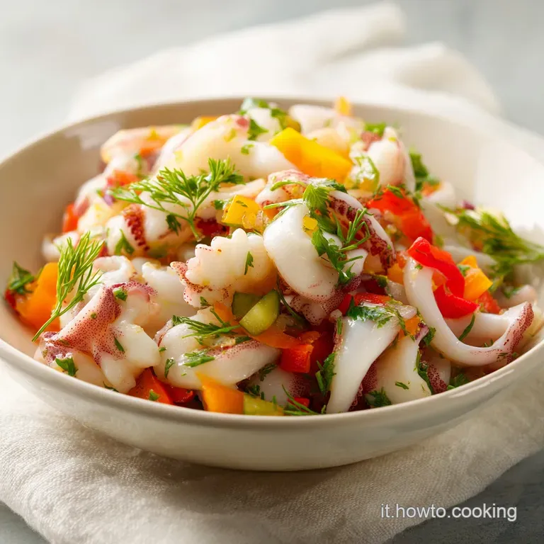 A generous portion of marinated squid salad artfully arranged with fresh parsley and a wedge of lemon.