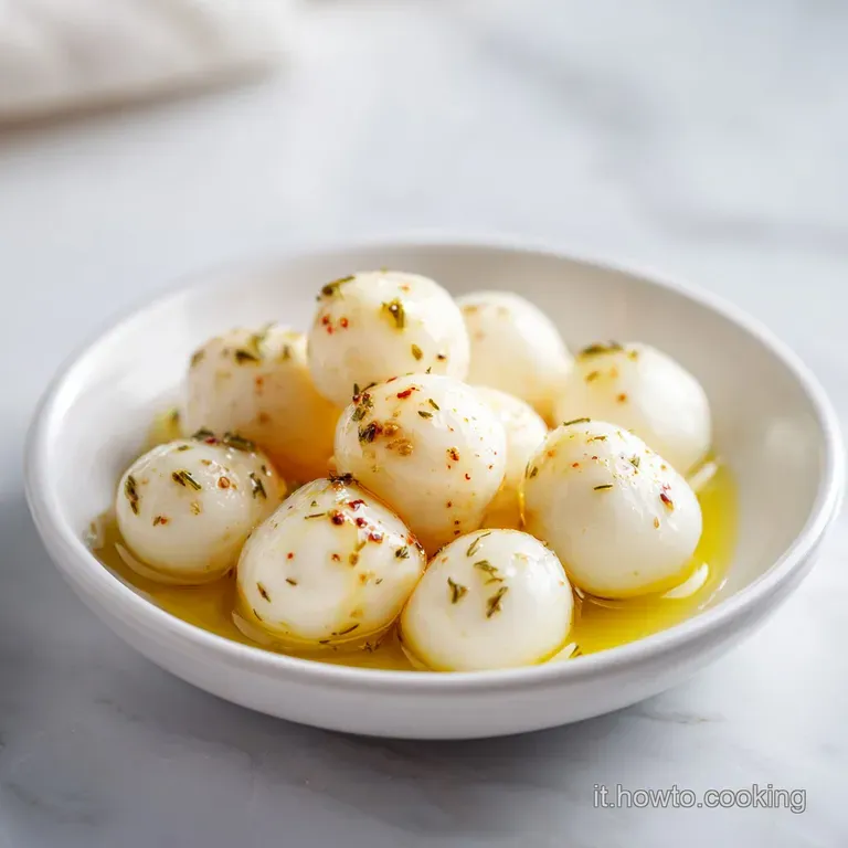 Small white mozzarella pearls nestled with halved red cherry tomatoes and green basil on a white ceramic platter.
