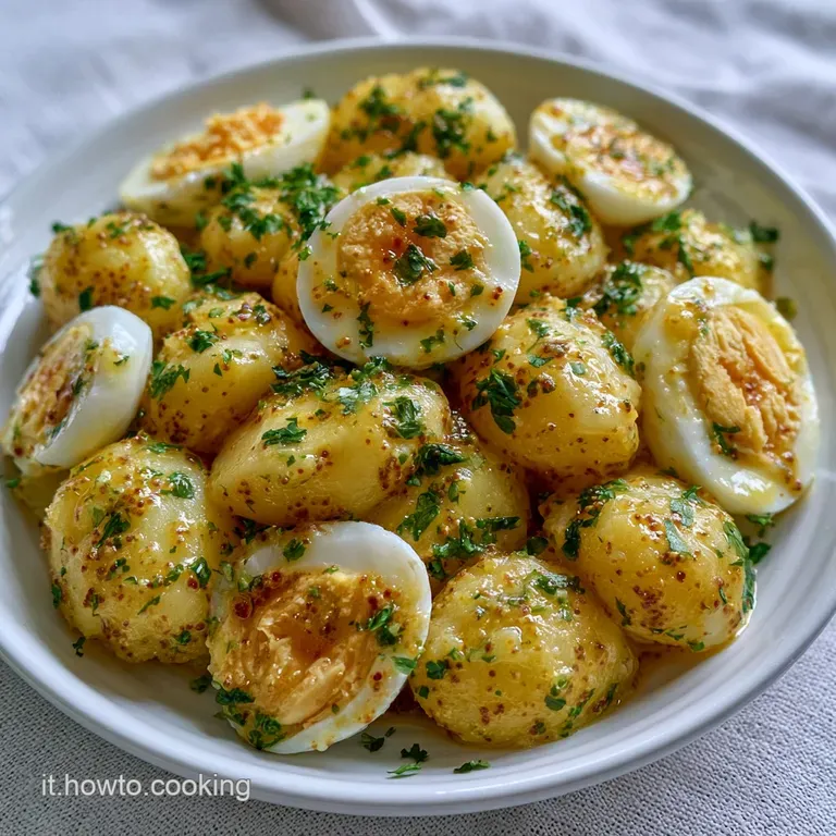Composizione curata di patate tenere e uova cremose su piatto bianco, rifinite con un filo d'olio e erbe aromatiche verdi.