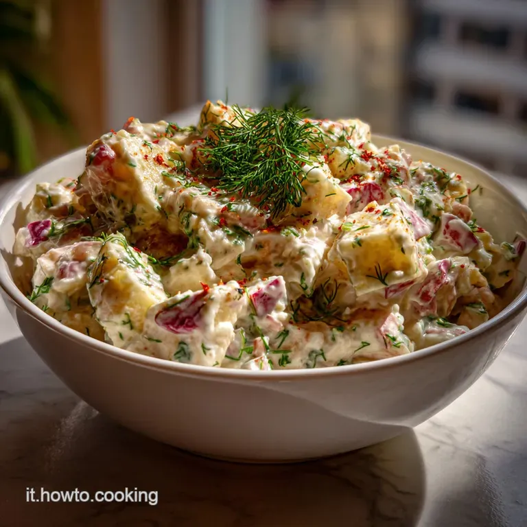 Elegant serving of Insalata Russa, showcasing perfectly diced vegetables and potatoes, drizzled with a rich, glossy sauce.