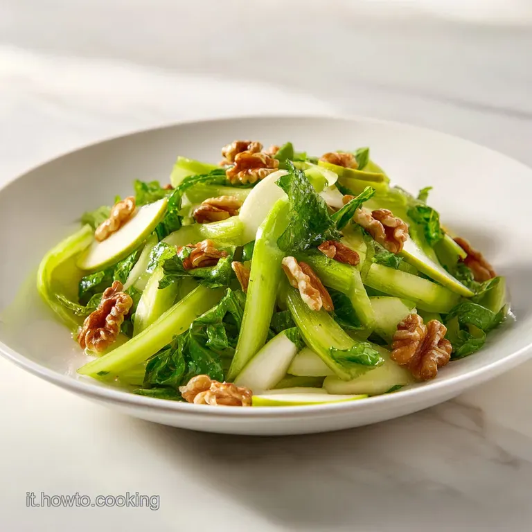 A bright salad of thinly sliced celery and green apple arranged artfully on a white plate.