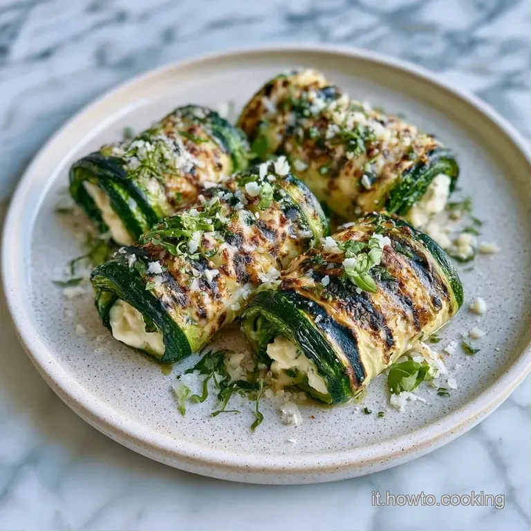 Involtini di verdure verdi disposti con cura, lucidi di olio d'oliva e guarniti con foglioline di menta fresca.