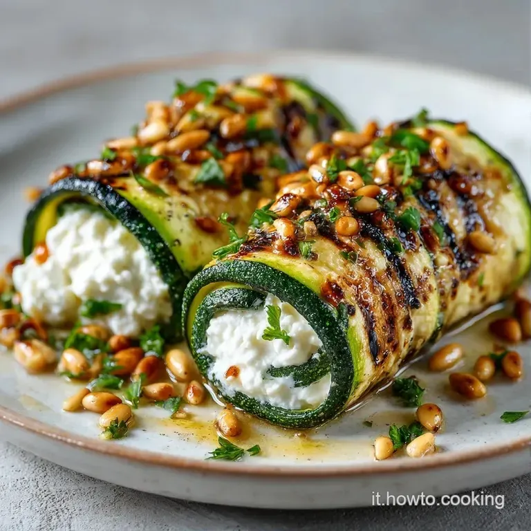 Rotolini verdi disposti con cura su ceramica bianca, lucidi di olio extravergine e guarniti da menta fresca.