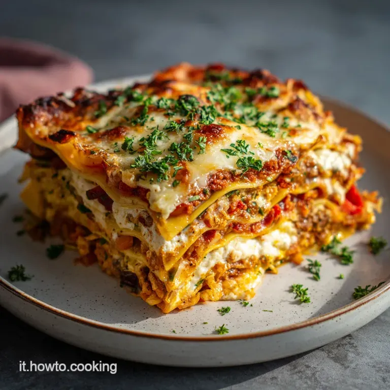Slice of vibrant vegetable lasagna on a white plate, showcasing colorful layers and creamy b&eacute;chamel, garnished with fresh ...