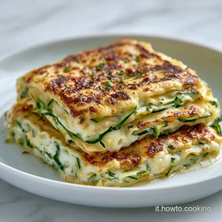 Una fetta di lasagne stratificata con zucchine tenere e besciamella bianca su un piatto moderno con un filo d'olio.