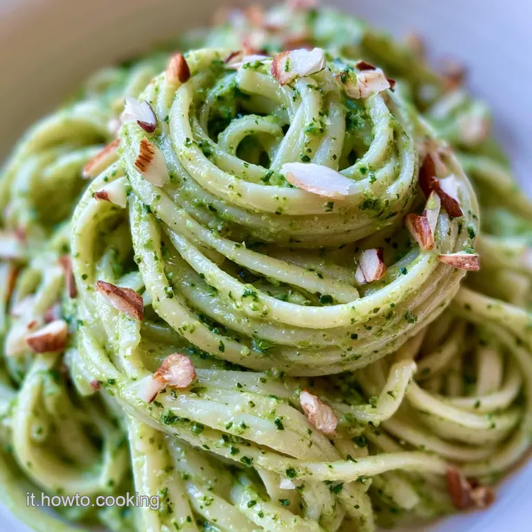 Un nido di pasta lunga color verde intenso in un piatto bianco, guarnito con mandorle croccanti e un filo d'olio.