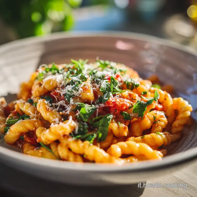A single serving of baked malloreddus, showcasing the rustic pasta shapes nestled in rich, bubbling tomato sauce. Sprinkle...