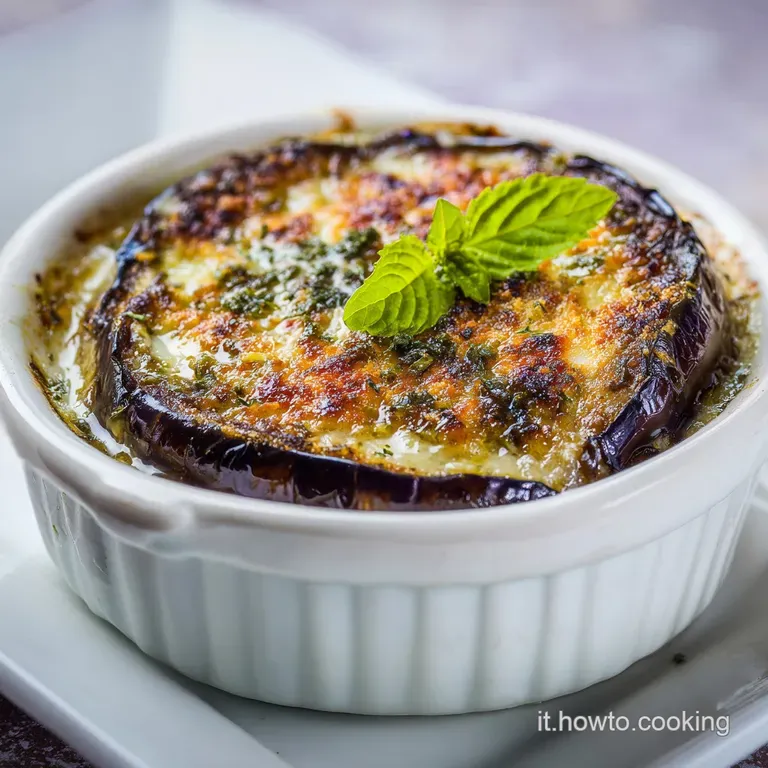A rustic ceramic dish overflowing with tender baked eggplant, rich tomato sauce, and golden cheese edges.