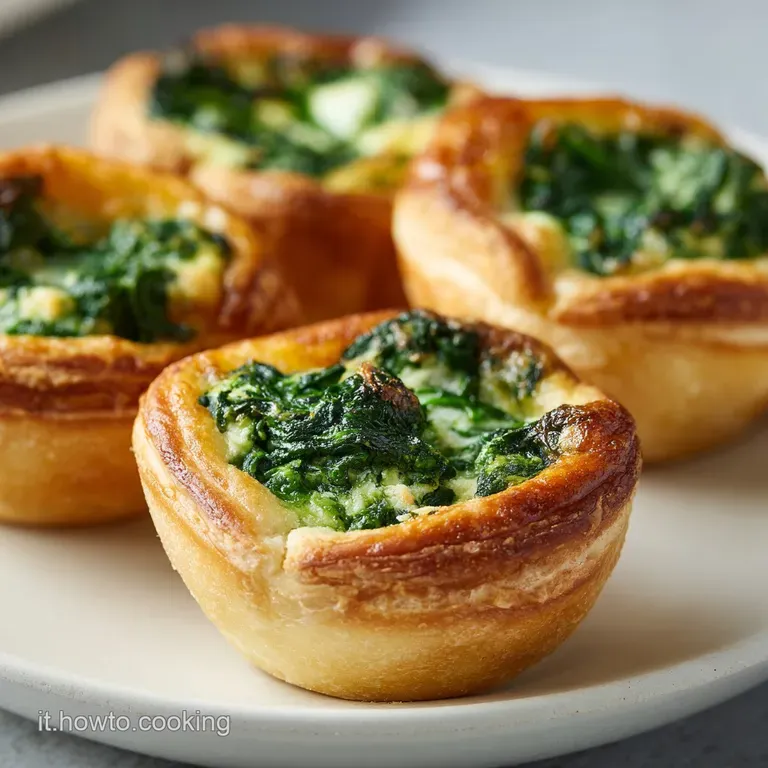 Mini torta salata dorata su piatto bianco, decorata con erbe fresche, luce naturale che esalta la crosta croccante.