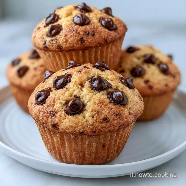 Muffin soffice e dorato adagiato su un piattino in ceramica bianca, con briciole leggere e cioccolato fuso.