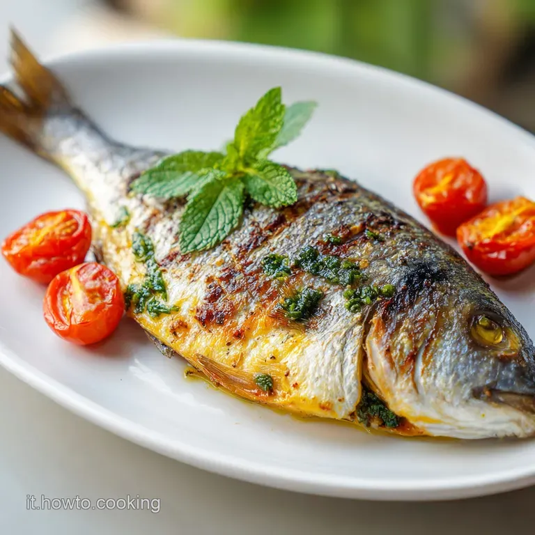 A beautifully roasted orata on a rustic plate, surrounded by fluffy, herb-flecked roasted potatoes.