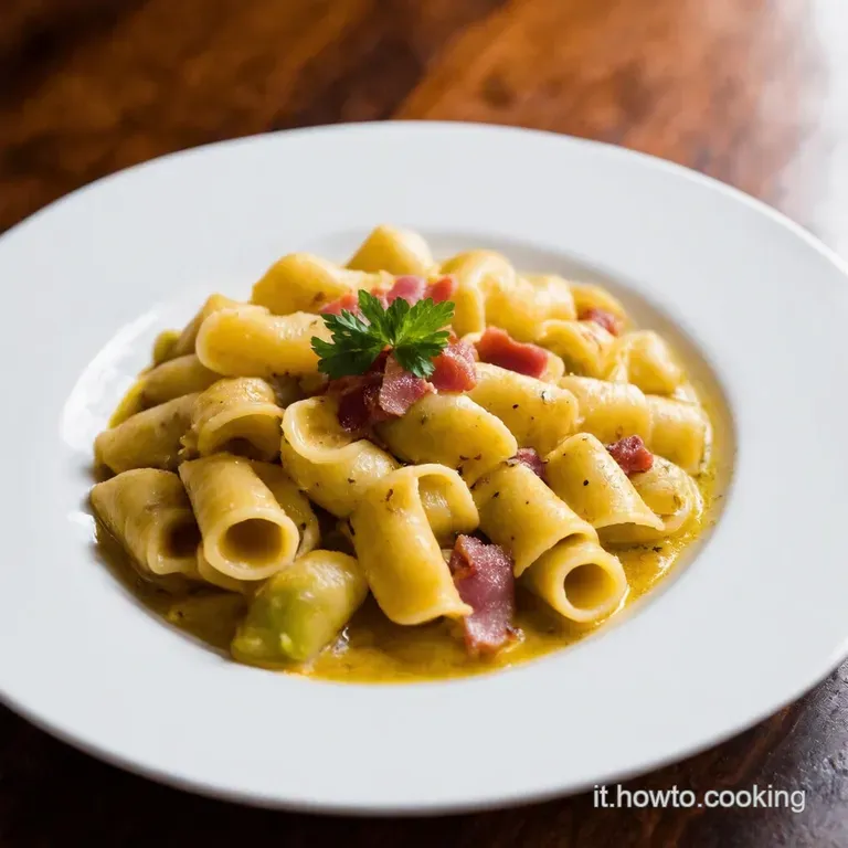 Paccheri Al Pesto Di Pistacchi Cremoso Con Pancetta Croccante presentation