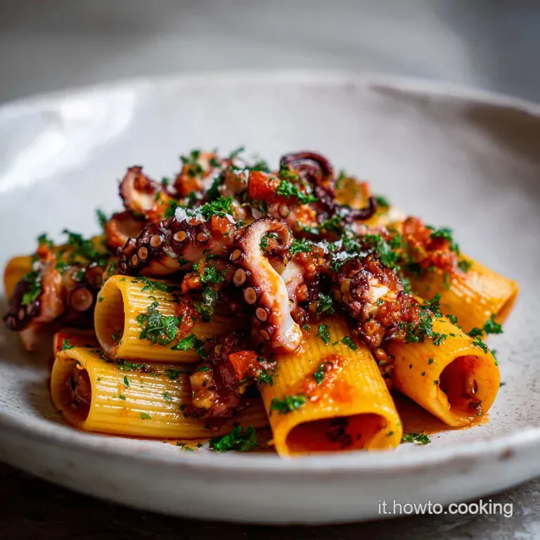 Elegant swirl of perfectly cooked paccheri pasta with glistening, chunky octopus ragu, and a bright green herb sprig.
