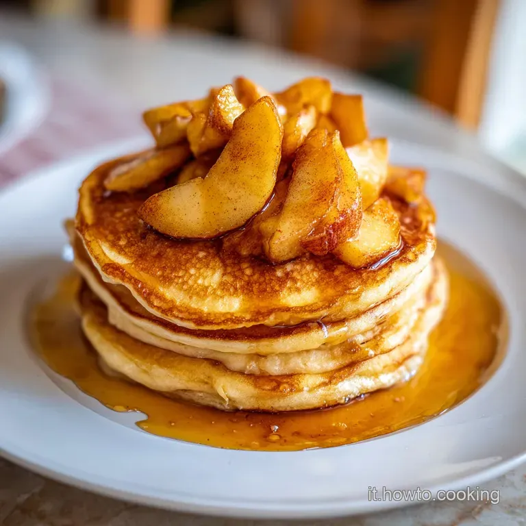 Pancake soffici su piatto di ceramica, con mela caramellata, un quadratino di burro che si scioglie e menta verde.