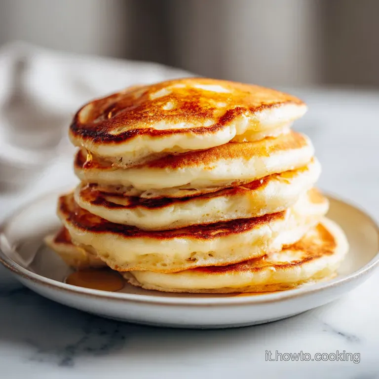 Three light and airy pancakes, artfully layered with a cascade of fresh fruit, drizzled with honey, a perfect breakfast tr...