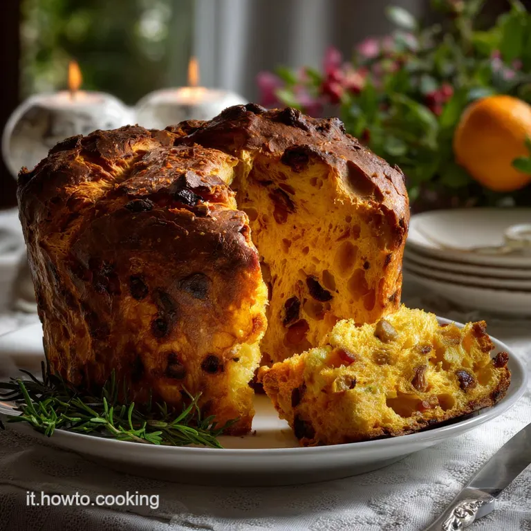 Elegant slices of panettone arranged on a crisp white plate, showcasing the soft interior. Hints of citrus and candied fru...